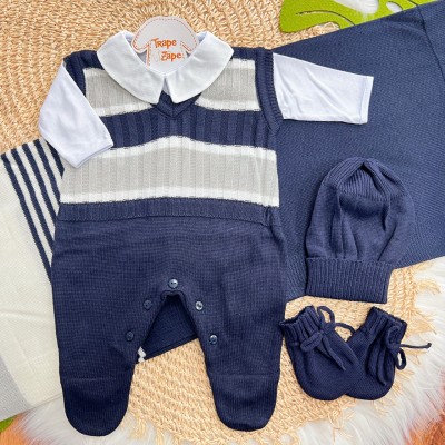 Saída de Maternidade Anderson - Azul Marinho e Cinza Manta Luxo